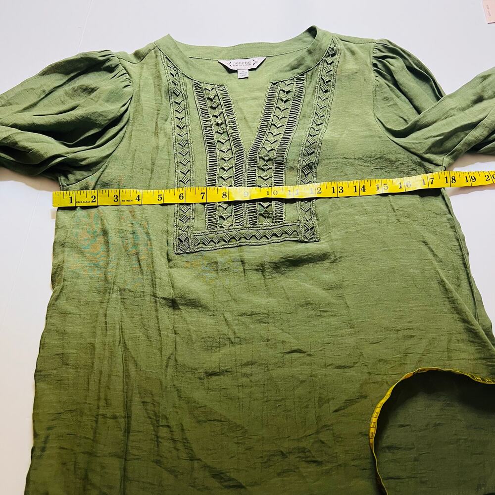 Nanette Lepore Crochet Detail Split Neck Top Size Small NWT Martini Olive Green - Picture 9 of 10